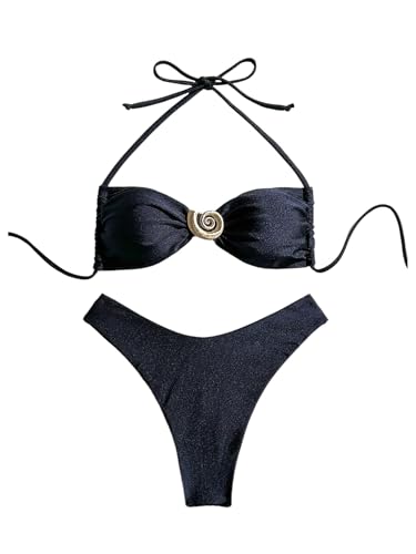 SOLY HUX Women's 2 Piece Bikini Set Metal Decor Halter Swimsuit Tie Back High Cut Bathing Suit