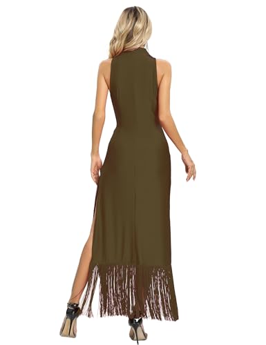 Image of Aigeman Women Vintage Flapper Dresses 1920s Great Gatsby Halter Fringed Maxi Dress Tassels High Split Formal Dress 19