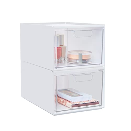 STORi Audrey Stackable Plastic White Organizer with Clear Drawer | 2 Piece Set | 4.5-Inches Tall | Organize Cosmetics and Beauty Supplies on a Vanity | Made in USA