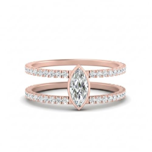 Image of Choose Your Gemstone Marquise Bezel Set Diamond CZ Band Rose Gold Plated Marquise Shape Split Shank Engagement Ring Lightweight Office Wear Everyday Gift Jewelry US Size 4 to 12
