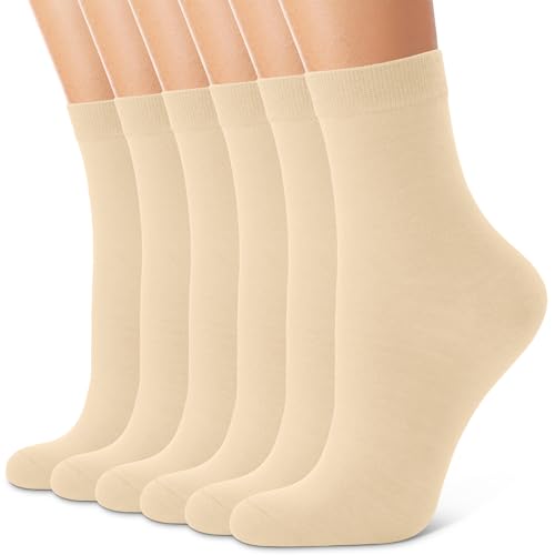 CHARMKING 6 Pairs Crew Socks for Women Soft Cotton Bootie Socks Moisture-wicking Casual Socks Non Slip Above Ankle (Beige)