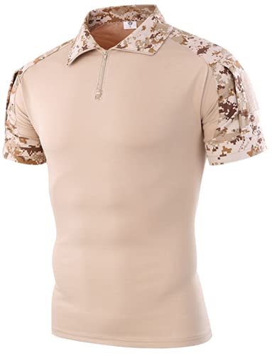 Czen Men's Short Sleeve Tactical Shirts Military Tee Outdoor Shirt Tactical Combat Shirt with Zipper (XL,Desert)