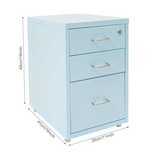 Cajonera con ruedas con 3 cajones, armario de metal, armario móvil debajo del escritorio, archivador con cerradura con 1 llave, armario bajo para oficina en casa, oficina, 28 x 41 x 48 cm (azul) - imagen 3