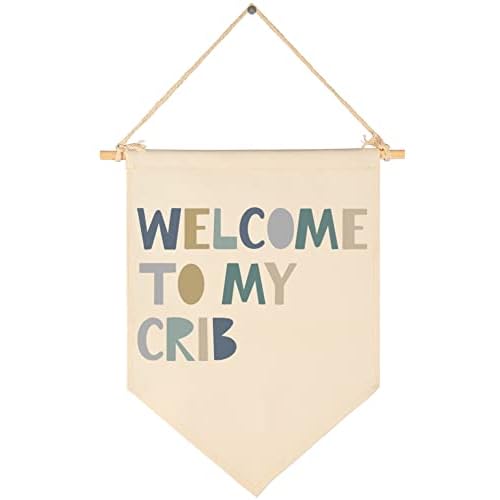 Boys Nursery Gift-Welcome to My Crib- Canvas Hanging Pennant Flag Banner Wall Sign Decor Gift for Nursery Baby Kids Boy Newborn Nephew Teen Bedroom Playroom Front Door- Birthday Christmas Gift