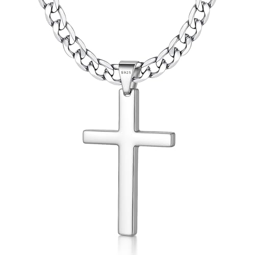 925 Sterling Silver Cross Necklace for Men Women, 5mm Stainless Steel Diamond-Cut Cuban Link Curb Chain