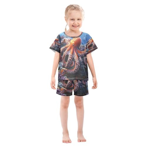 ALAZA 3d Octopus Ocean Sea Pajamas Set Short Sleeve Cotton Sleepwear Summer Pjs 2 Piece 5-14Y3