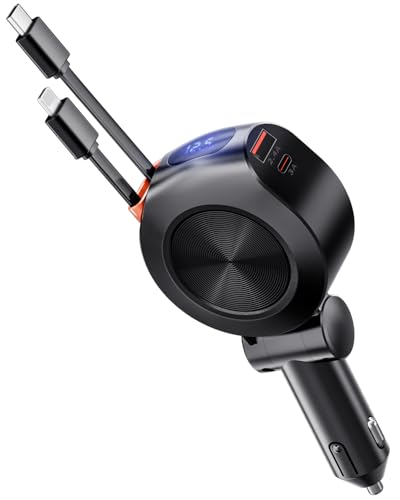 Retractable Car Charger 69W,4 in 1 Fast Car Phone Charger,Retractable Cables and 2 USB Ports Car Charger,Smaller Cigarette Lighter Adapter for iPhone 16/15/14/13/iPad.Gifts for Men&Women.