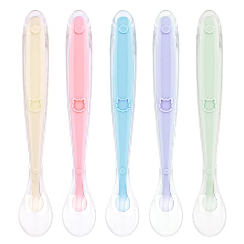 Vicloon Cucharas Bebé Silicona, 5 Piezas Cucharas de Aprendizaje para Bebe, Silicona Suave Cuchara de Punta de alimentación para Bebés, Cuchara para Bebé Niño