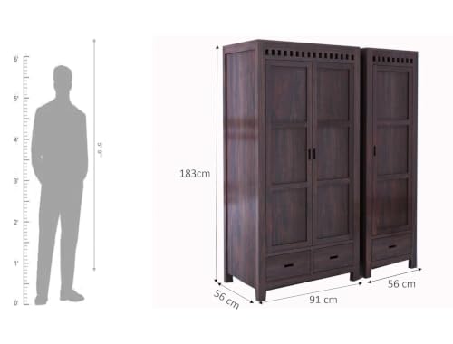 Image of Ganpati Arts Solid Sheesham Wood Armania Dual Storage Wardrobe with Door and Drawer for Bedroom Living Room Home Almirah for Clothes | Wooden Home Furniture (Walnut Finish) 1 Year Warranty