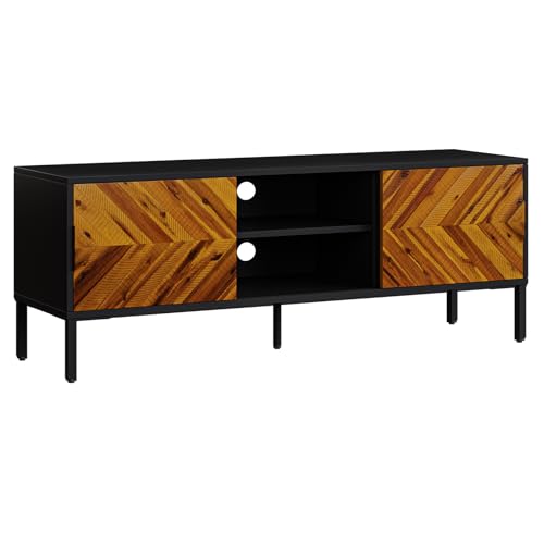 Image of Bme Vivian TV Stand, 59 Inch Media Console Table with Herringbone Pattern Doors, Solid Wood & Metal Frame, Rustic Golden Brown - Retro-Inspired Modern TV Console for Living Room, Entertainment Center