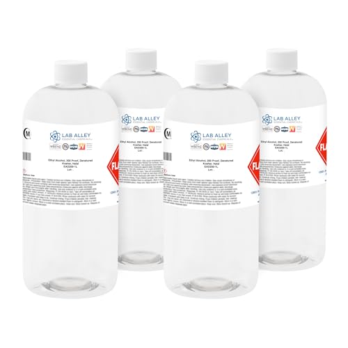 Lab Alley Denatured Ethanol 200 Proof, Kosher & Halal Certified, GMO-Free Ethyl Alcohol for Laboratory & Industrial Use, 4 Liters (Pack of 4 x 1 Liter Bottles)