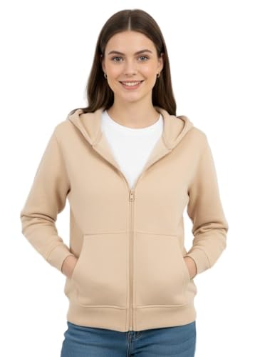 CasualKing Women's Full-Zip Hooded Sweatshirt, Classic Fleece, Multiple Colors Available, Relaxed Fit, Kangaroo Pockets, Casual Wear (UK, Alpha, L, Regular, Regular, Beige)
