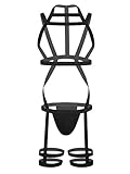 CHICTRY Men's Sexy Harness Jockstrap Leotard Nylon Halter Neck Bodysuit with Garter Belt Black One Size