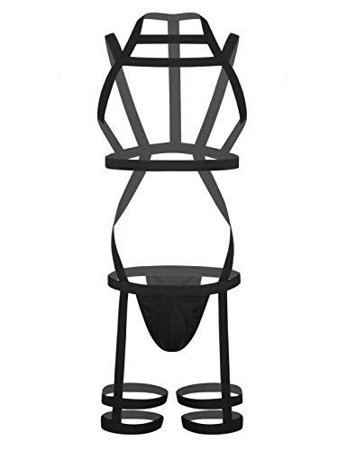 CHICTRY Men s Sexy Harness Jockstrap Leotard Nylon Halter Neck Bodysuit with Garter Belt Black One Size