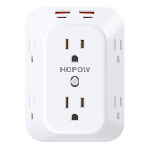 HOPOW Outlet Extender Surge Protector, 6 Outlet Splitter with 4 USB Ports (2 USB C), USB Wall Charger, 3-Sided 1050J Multi Plug Wall Outlet, Wall Mount for Home Travel Office Travel, White