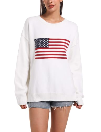 Ugerlov AMERICAN FLAG SWEATER WOMEN Women'S Oversized American Flag Sweater Long Sleeve Crewneck Knit Usa Sweaters 2024 Fall Chunky Warm Pullover Tops White S/M thumb #1