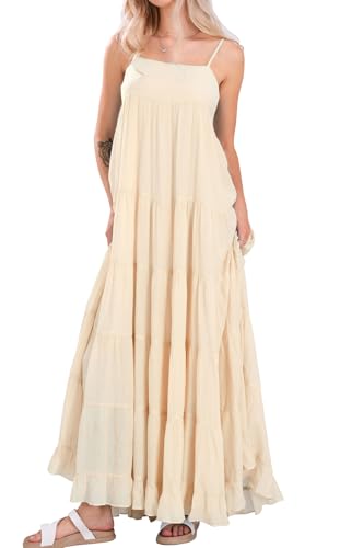 Image of loveimgs Women Summer Spaghetti Strap Smocked Maxi Dress Tiered Ruffle Sleeveless Long Flowy Dress Beach Sundress