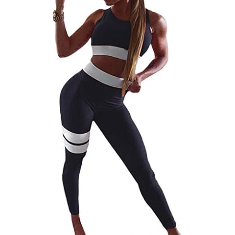 MACCHIASHINE Women 2PCS Patchwork Sporty Gym Bra Tank Top Hollow Back Sexy Yoga Leggings Jumpsuits Stretchy Tights Tracksuits(497BL-S) Cover