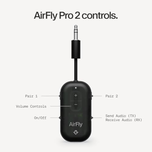 Image of AirFly Pro 2 - Bluetooth Adapter for Airplane, Pair 2 AirPods or Wireless Headphones - 3.5mm AUX Bluetooth Transmitter for Cars, Boats, Treadmills, TVs- Airplane Travel Essentials, Black Ice