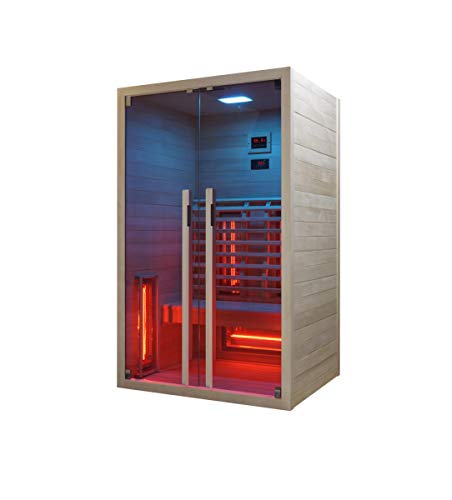 Infrarotkabine-120-x-100-x-195-cm-fuer-2-Personen-aus-Hemlock-Holz-mit-5-Vollspektrumstrahler-Mit-ergonomischer-Rueckenlehne-Infrarotsauna-mit-Farblichttherapie