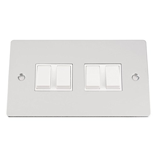 Light Switch 4 Gang - Polished Chrome - Flat - White Insert Plastic Switch - 10 Amp Quad 4 Gang 2 Way