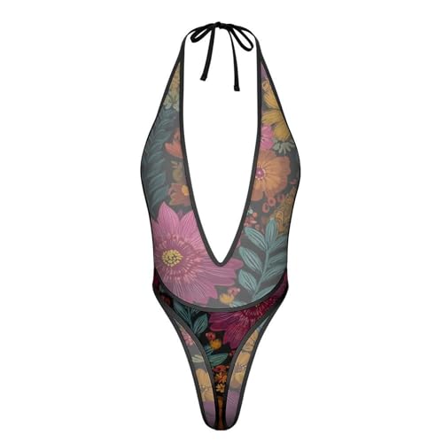 Women's Mesh One Piece Deep V-Neck Sling Shot Halter Monokini Bikini Floral Swimsuit Thong2