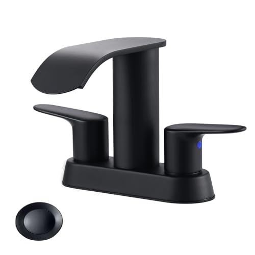 Waterfall Bathroom Faucet 4 Inch Centerset – WOWOW 2 Handle Matte Black Sink Faucet for 2 or 3 Hole Vanity, Modern Stainless Steel Zinc Alloy with Pop Up Drain and cUPC Hose for Basin