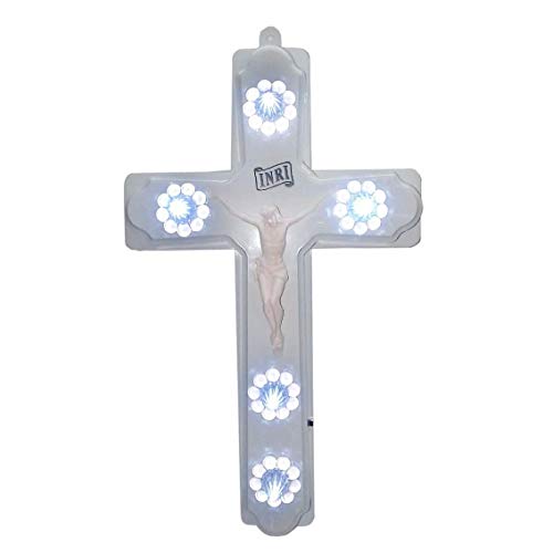 takestop® Croce VOTIVA con Luce 5 LED 26x16CM CC_35690 Bianco LUMINI in PLASTICA Decorazione TOMBE CIMITERO Funerale Festa Morti