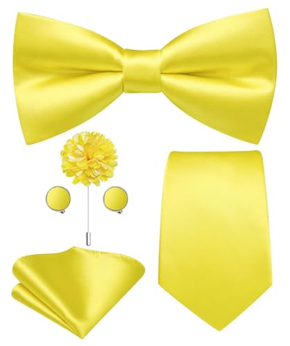 Image of Hi-Tie 5Pcs Mens Solid Color Silk Tie Satin Pretied Bowtie Lapel Pin for Men Handkerchief Cufflink Wedding Gift Box