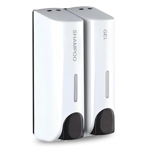 PRIME ESSENTIALS® Pack 2 Dispensador de Jabón Manual Adhesivo para Baño I Dosificador Manual de Jabón o Loción para Baño I 350 ml de Capacidad I Jabonera Adhesiva para Baño I Color Blanco.