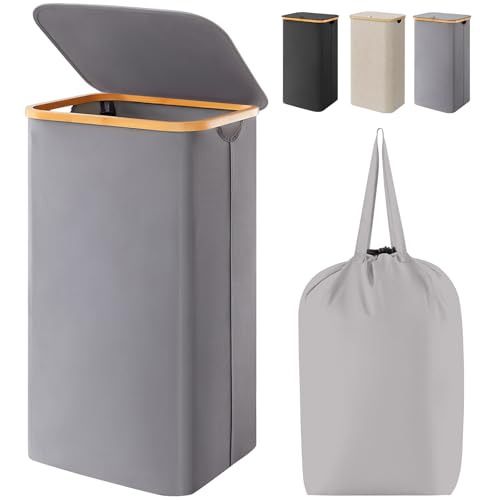 Lifewit 100L Laundry Basket with Lid, Clothes Hampers for Laundry with Bamboo Handles and A Removable Laundry Bag, Large Foldable Laundry Hamper for Bedroom, Bathroom, Dorm, Laundry Room, Grey