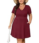Women's Plus Size V Neck Summer Dress - Short Sleeve Shirred Waist Swing Dress With Pockets
