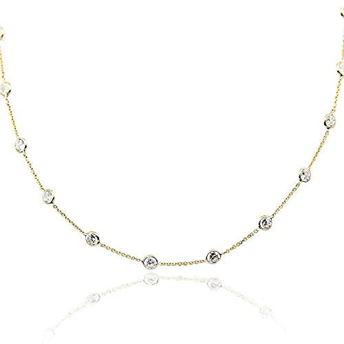 14K Yellow Gold Handmade Station Necklace With 4 MM Cubic Zirconia (15, 16, 17, 18, 20 and 24 Inches)