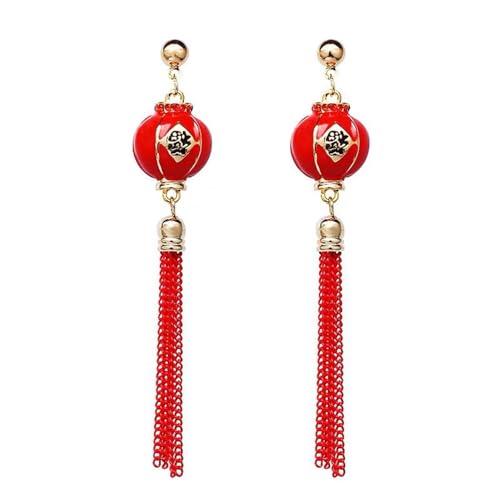 Chinese Style Lantern Tassel Statement Drop Earring for Ladies Lucky New Years Pretty Dangle Earrings Red Festive Sterling Silver Post Hypoallergenic Charms Dainty Gifts Wedding Anniversary for Women