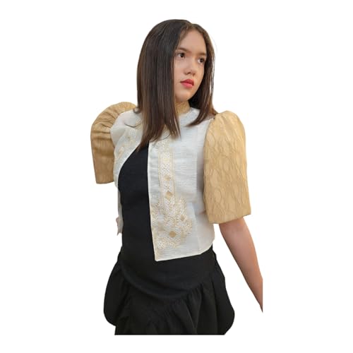 Filipiniana Bolero Top with Pink Floral Embroidery, White and Blush Lace Sleeves, Traditional Design2