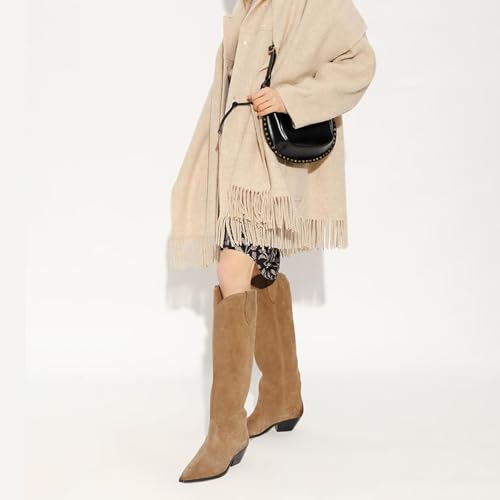 Yishaweiqi Camel Suede Knee High Boots for Women Snip Toe Chunky Heel Cowboy Cowgirl Boots Ladies Fall Wide Calf Tall Boots2