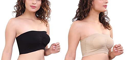 Image of GLAMORAS Polyester Spandex Padded Strapless Non Wired Removable Pads Seamless Bandeau Tube Top Bra, Pack of 2