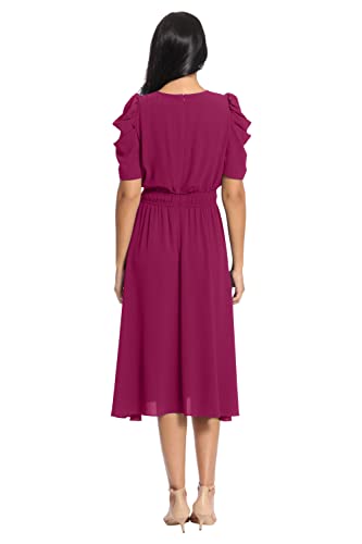 Image of London Times Women's Caterpillar Puff Sleeve Midi Dress - Gathered Waist A-Line Flowy Summer Dress