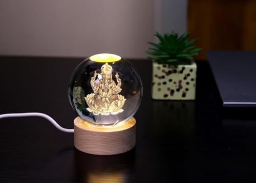 Image of STARKENDY3D Ganpati Crystal Ball LED Night Lamp, Creative Engraved Night Light Wooden Base, Warm White Decorative Table Lamp for Home, Office, Bedroom, Birthday Gift