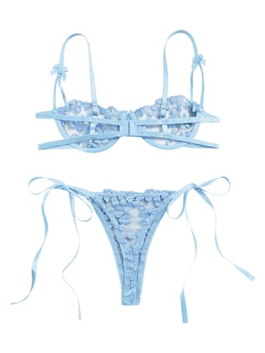 Image of Lilosy Sexy Tie Side Cute Underwire Push Up Strappy Embroidered Mesh Sheer Lingerie Set
