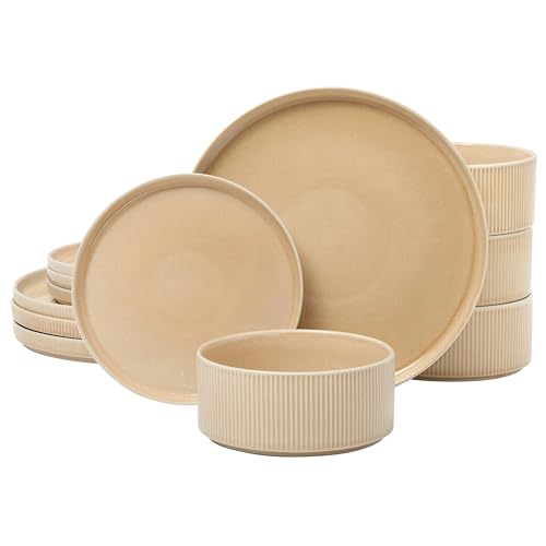 Image of Gibson Elite Solana Coast 12 Piece Stoneware Reactive Glaze (Service for 4) Ceramic Plates and Bowls Modern Shape Embossed Dinnerware Set - Terracotta Orange