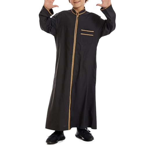 Muslim Thobe for Boys Muslim Dress Long Sleeve Kaftan Arabic Islamic Prayer Dress Kids Ramadan Eid (Black, 9-10 Years)