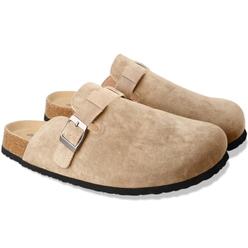 Image of Clogs for Women Suede Soft Leather Clogs Classic Cork Slip on Shoes Antislip Slippers Waterproof Mules House Sandals Buckle