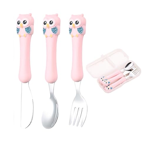 ZenyTra Set di posate per bambini, 3 pezzi, in acciaio inox, con custodia, coltello, forchetta, cucchiaio, sicuro e stimolante per bambini a partire da 1 anno, baby led weaning e asilo (rosa)