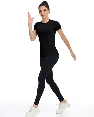 Runhit Kompressionsshirt Damen Kurzarm – Sportshirt mit Klassischem Schulter-Schnitt, Atmungsaktiv & Schnell trocknend, Funktionsshirt für Fitness Gym Laufen Yoga, Schwarz – Zeitlos & Sportlich M