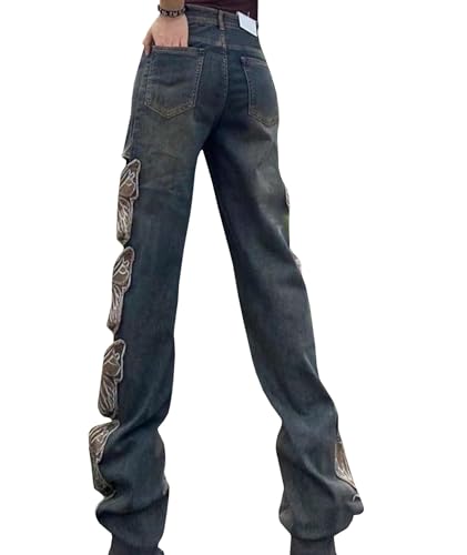SOMTHRON Women's Vintage High Waisted Denim Pants Butterfly Embroidered Hollow Out Straight Wide Leg Jeans2
