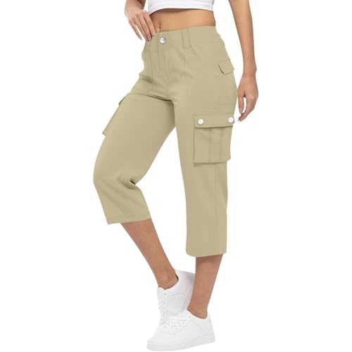 OULIWANGLUO Women's Loose Fit Cargo Capri Pants Drawstring Waist Pant with Multiple Pockets Athletic Travel Hiking Baggy Trousers (Apricot 3,Large)