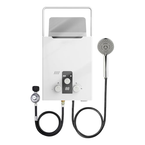 Calentador de agua a gas, calentador de agua de gas propano LPG 6L 12KW con kit de ducha, mango portátil, pantalla digital, calentador instantáneo al aire libre de gas para autocaravana, camping