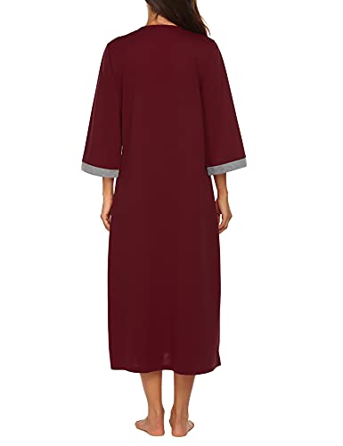 Image of Ekouaer Women Zipper Robe 3 /4 Sleeves Loungewear Dress Full Length Sleepwear Pockets Housecoat Nightgown Long Bathrobe