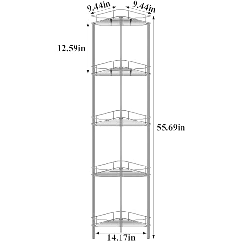 Image of HuggieGems 5 Tier Floor Standing Corner Shower Caddy Organizer Shelf with Hooks, Bathroom Shelves Stand Rack, Gray